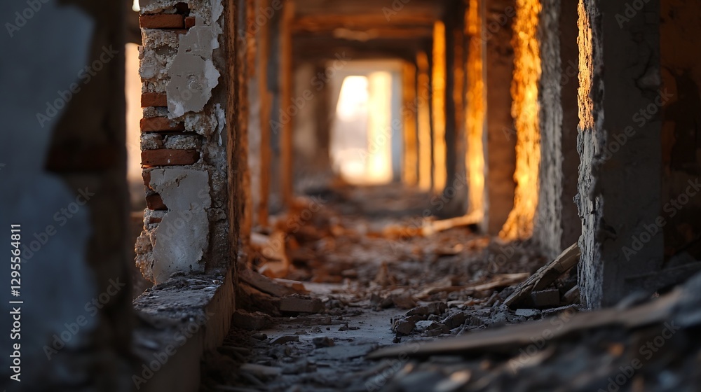 Poster mysterious ruins with eerie light streaming through abandoned archways : generative ai