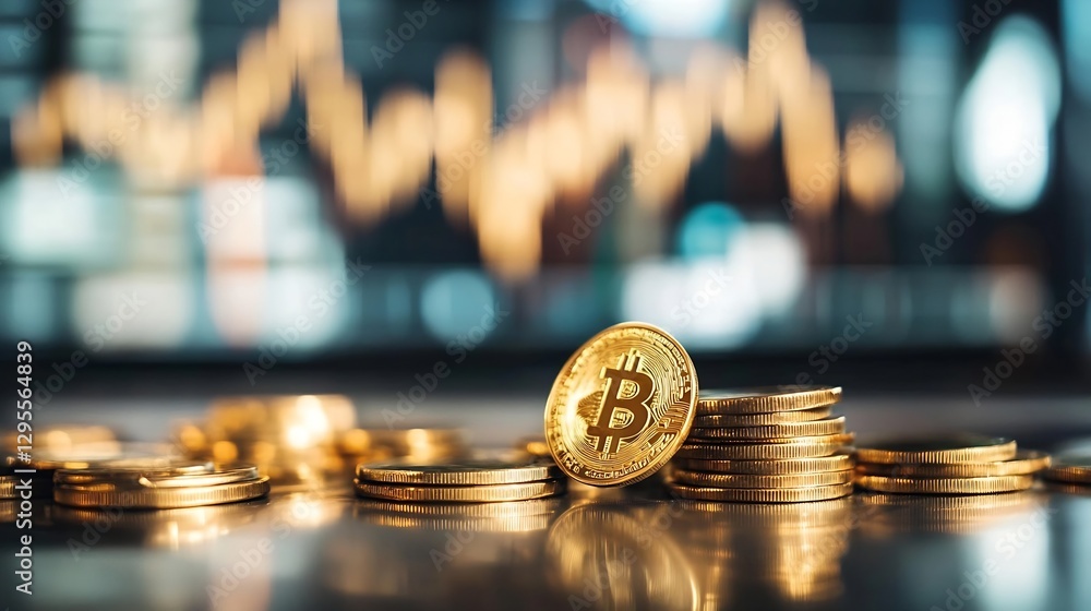 Poster golden bitcoin coins stacked with fluctuating finance graph in the background highlighting cryptocur