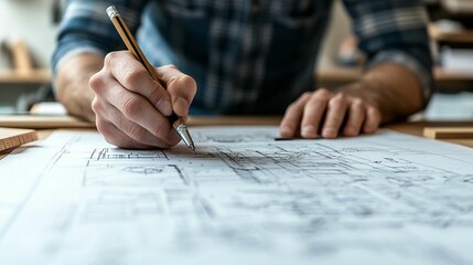 Naklejka premium Close-up of a man's hands sketching architectural blueprints on a table.