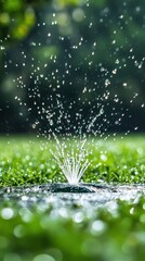 Refreshing summer irrigation scene of water droplets spraying over vibrant green grass in a natural garden setting
