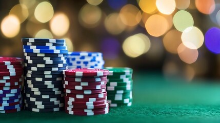 Colorful casino chips stacked on a green table highlighting excitement and chance in a fun gambling atmosphere : Generative AI