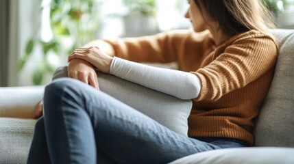 Fototapeta premium A person resting with their injured elbow elevated on a pillow in a cozy living room. Featuring healing and rest