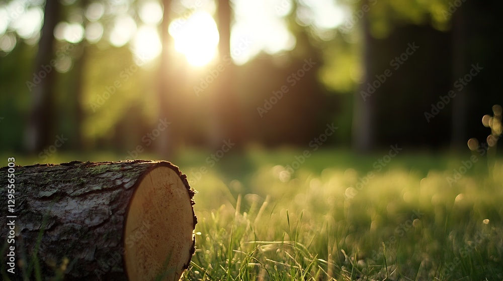 Poster Sunlight Through Trees Highlighting a Tree Trunk in a Lush Green Landscape : Generative AI