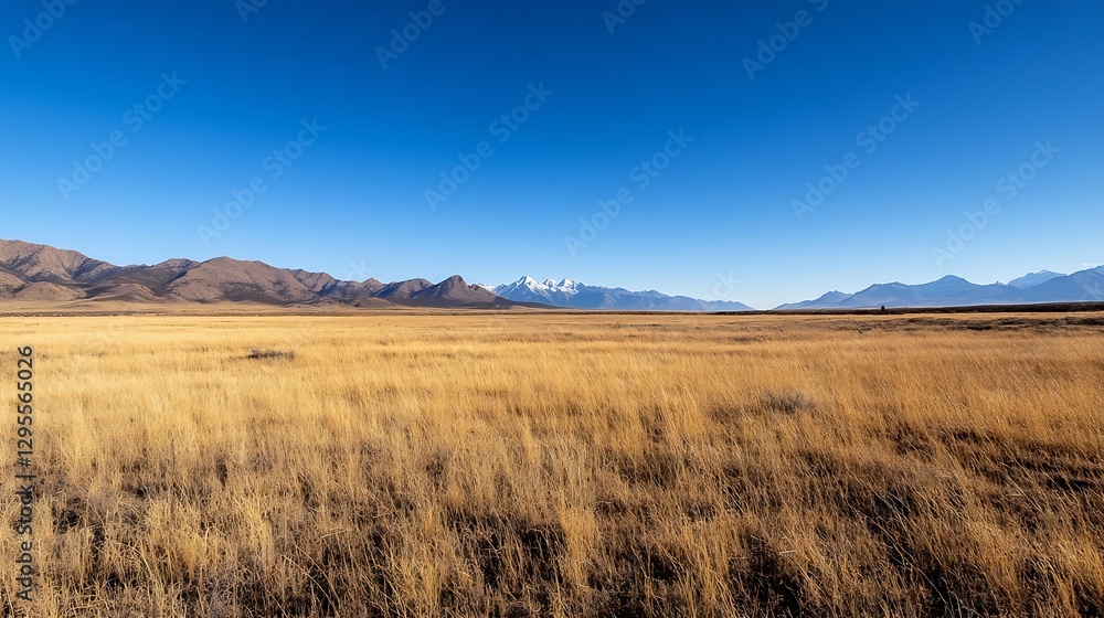 Aufkleber wide panoramic view of golden grass fields stretching towards majestic mountains under a deep blue s
