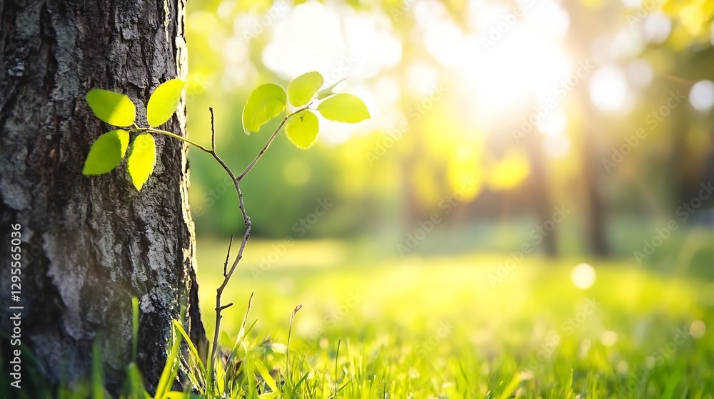 Poster sunlight filtering through leaves and grass in a peaceful outdoor park setting : generative ai