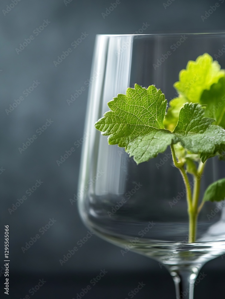 Poster elegant glass with fresh green leaves inside against a subtle dark background : generative ai