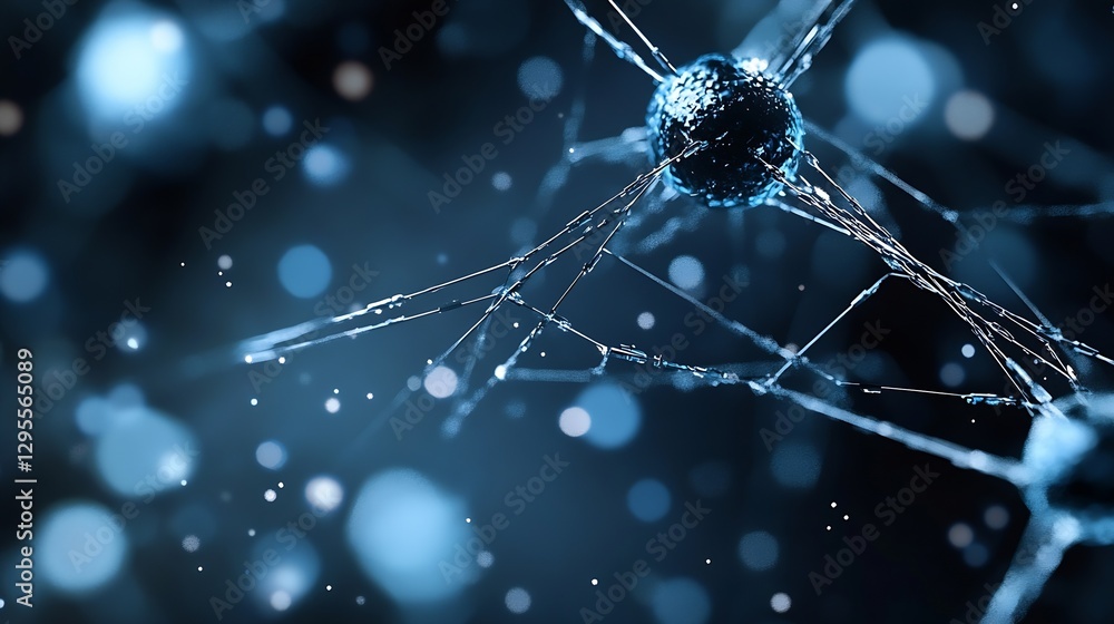 Poster dramatic illustration of a neuron or molecular structure with vibrant blue particles and connections