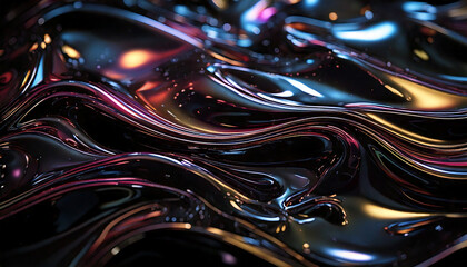 shimmering holographic surface, black fluid gradients, 3d light distortions.