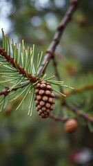 Abies nordmanniana branch with needle and cone in shallow depth of field, branch details, conifer, woodland