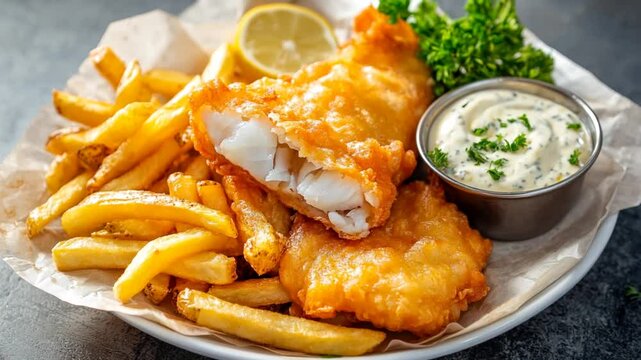A traditional English fish and chips with golden fried fish, crispy fries, and a side of tartar sauce	
