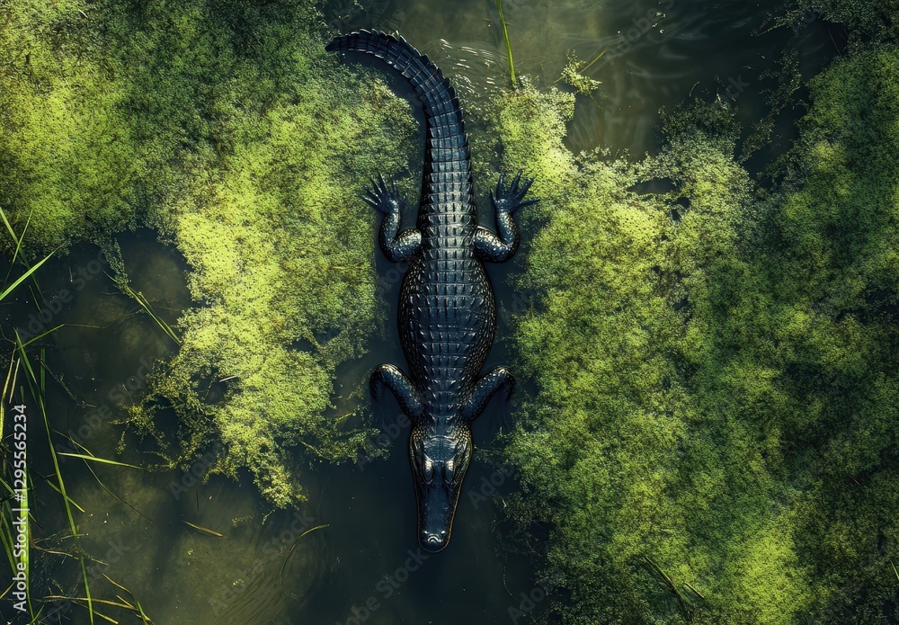 Poster aerial view of an alligator resting on a bed of green algae in a tranquil swamp environment showcasi