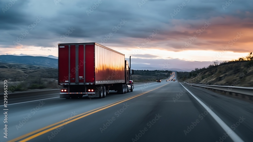 Poster Dynamic image of a red semi truck driving along a highway at sunset creating a thrilling journey : Generative AI