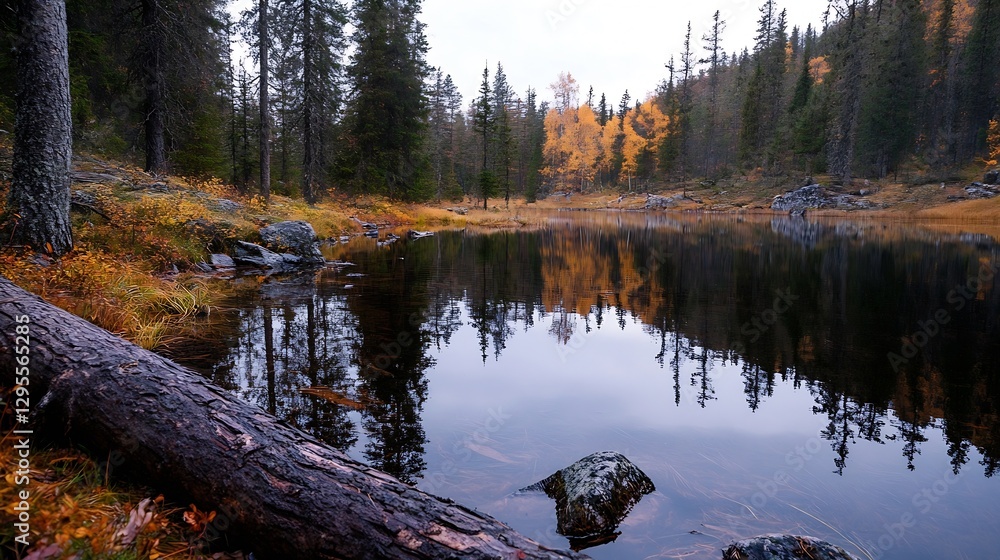 Poster stunning autumn landscape with a serene lake reflecting colorful trees and clear skies : generative 