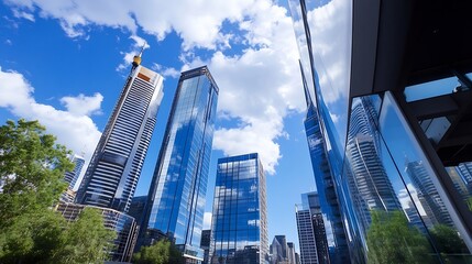 Stunning urban skyline with modern glass buildings reflecting clouds and blue sky : Generative AI