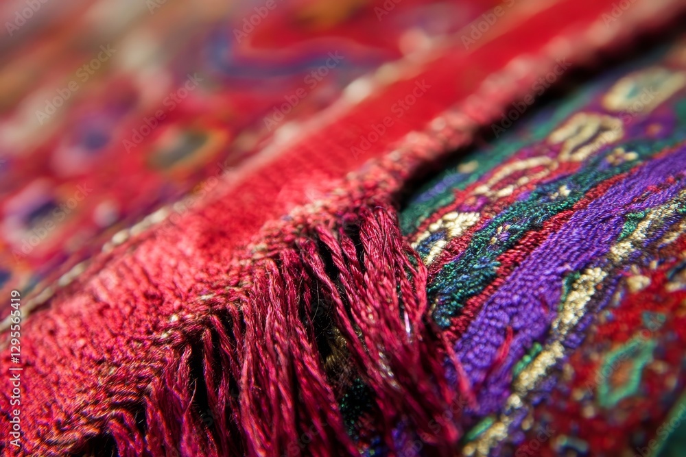 Poster vibrant red textile close-up with intricate patterns and fringes