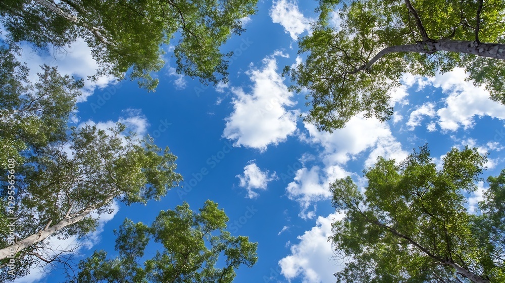 Poster View of tall trees against a bright blue sky with fluffy clouds creating a serene atmosphere : Generative AI