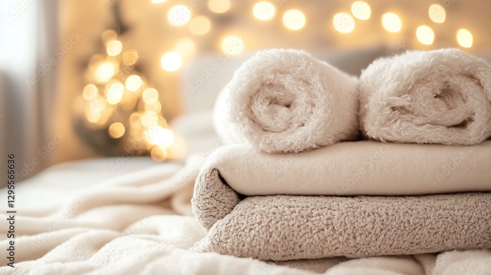 Poster Cozy and Soft Towels Arranged Neatly with Warm Holiday Lights in Background : Generative AI
