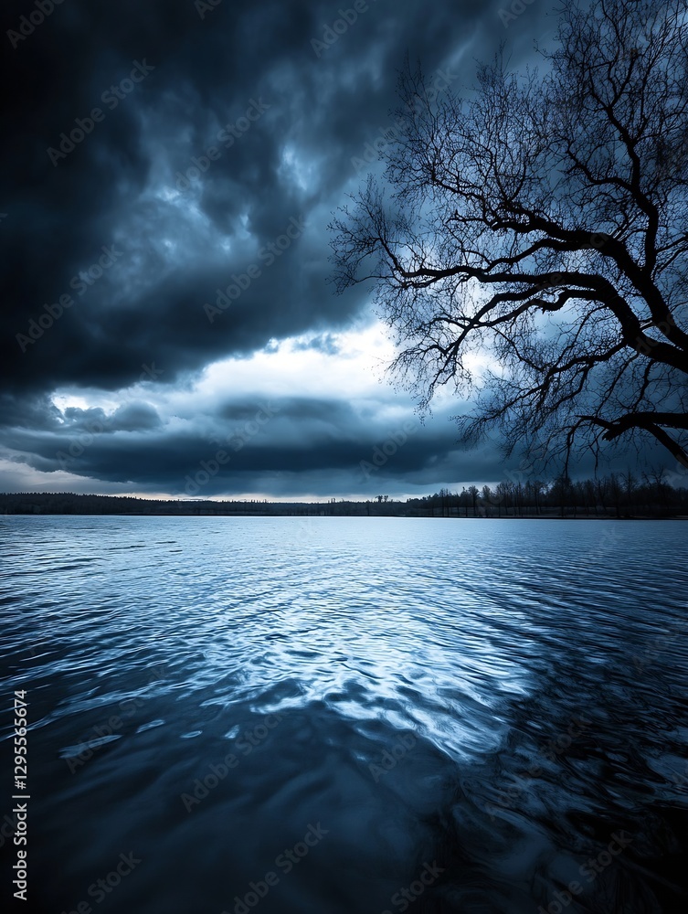 Poster dramatic landscape featuring dark stormy clouds looming over a reflective lake with bare trees and a