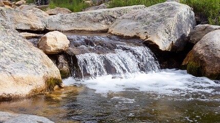 Tranquil stream gently flowing over smooth stones in a serene natural environment : Generative AI