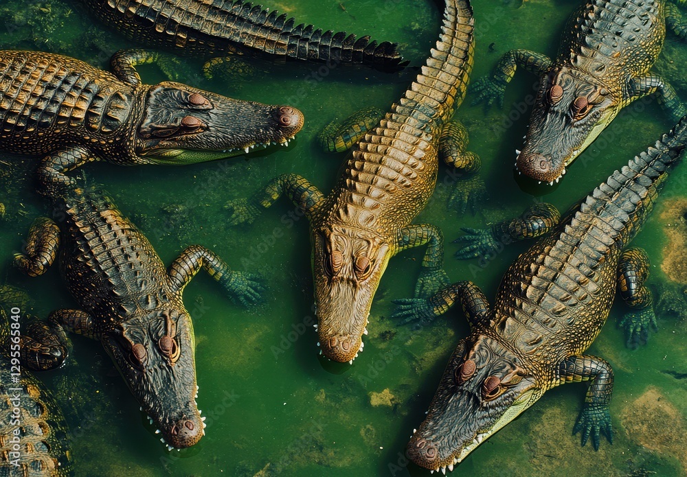 Poster aerial view of five crocodiles lying together in shallow green water creating intriguing patterns an