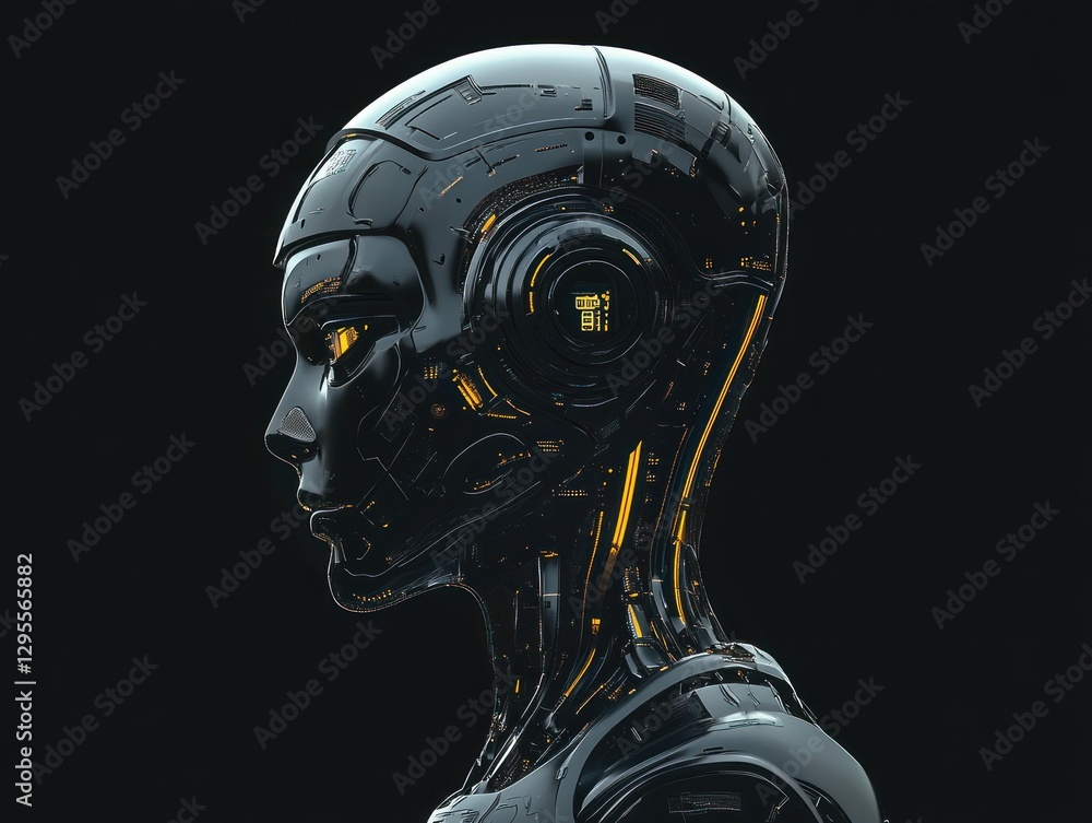 Poster futuristic humanoid robot profile showcasing intricate circuitry and glowing elements