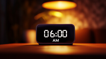 Early Morning Digital Alarm Clock Displaying 06:00 am. Modern Digital Alarm Clock On Bedside Table