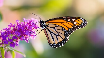 Fototapeta premium Stunning Monarch Butterfly Pollinating Bright Purple Flower in Natural Habitat : Generative AI
