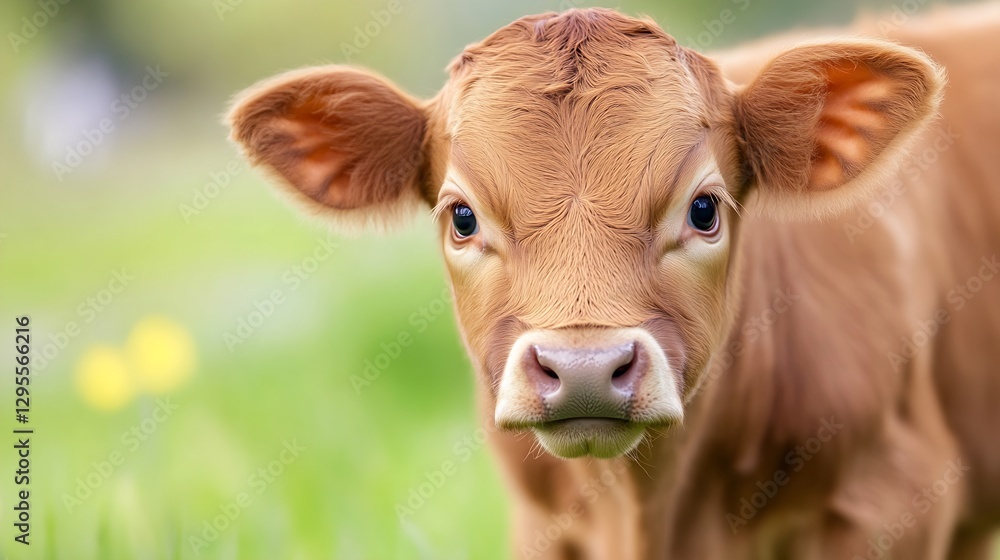 Poster adorable calf with big curious eyes looking directly at the camera in a natural green pasture settin