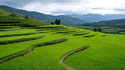 Obraz premium Lush green terraced rice fields stretching across rolling hills under a cloudy sky : Generative AI