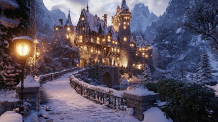 Obraz premium Fairytale castle sits nestled in a snow covered winter wonderland