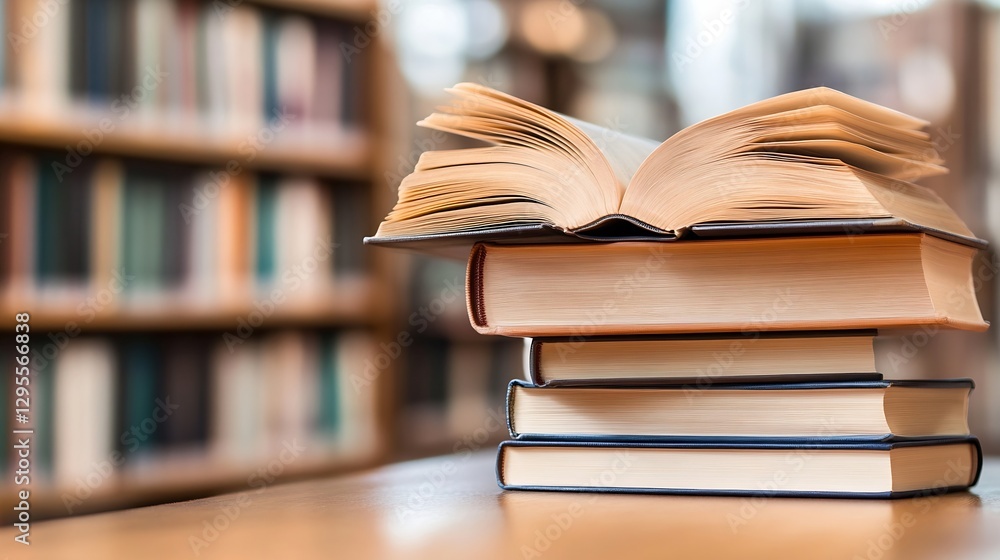 Poster Stack of colorful open books on a wooden table in a library environment emphasizing knowledge and learning : Generative AI