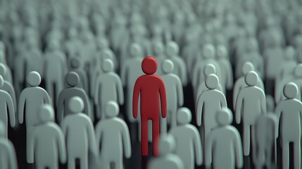 Unique Red Figure Among Gray Crowd Symbolizing Individuality and Diversity