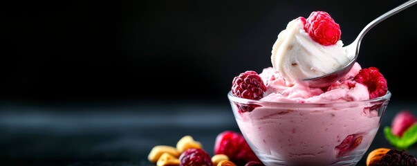Dessert Delight Pink Berry Ice Cream Scoop with Spoon and Nuts on Dark Surface Backdrop Indulgence