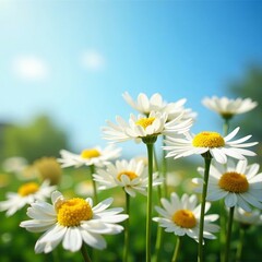 Fototapeta premium Vibrant chamomile blossoms under clear blue sky, sunny, bright