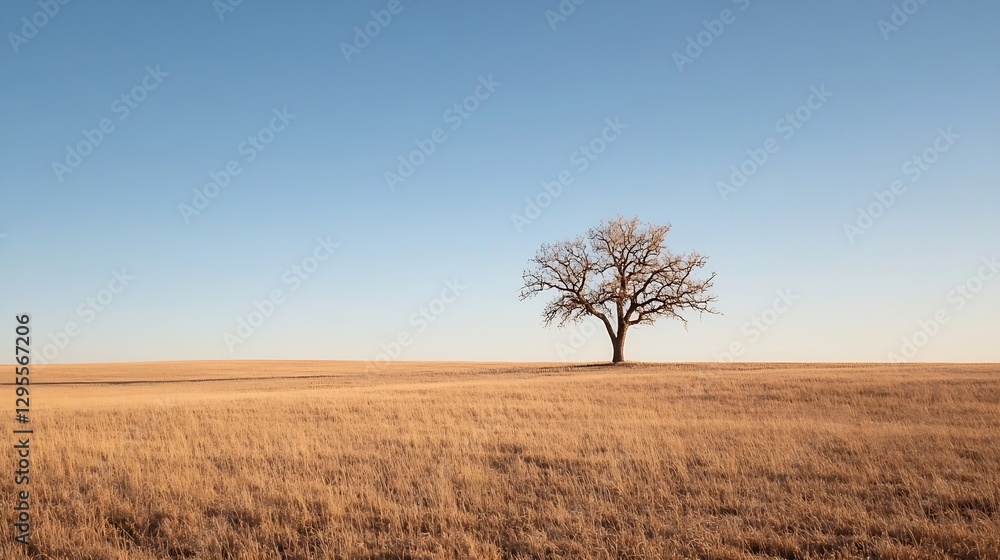 Poster lone leafless tree standing on a vast golden field under a clear blue sky : generative ai