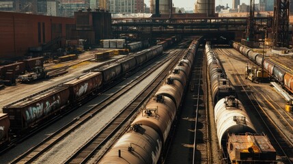 Railway yard filled with tanker cars and freight cars