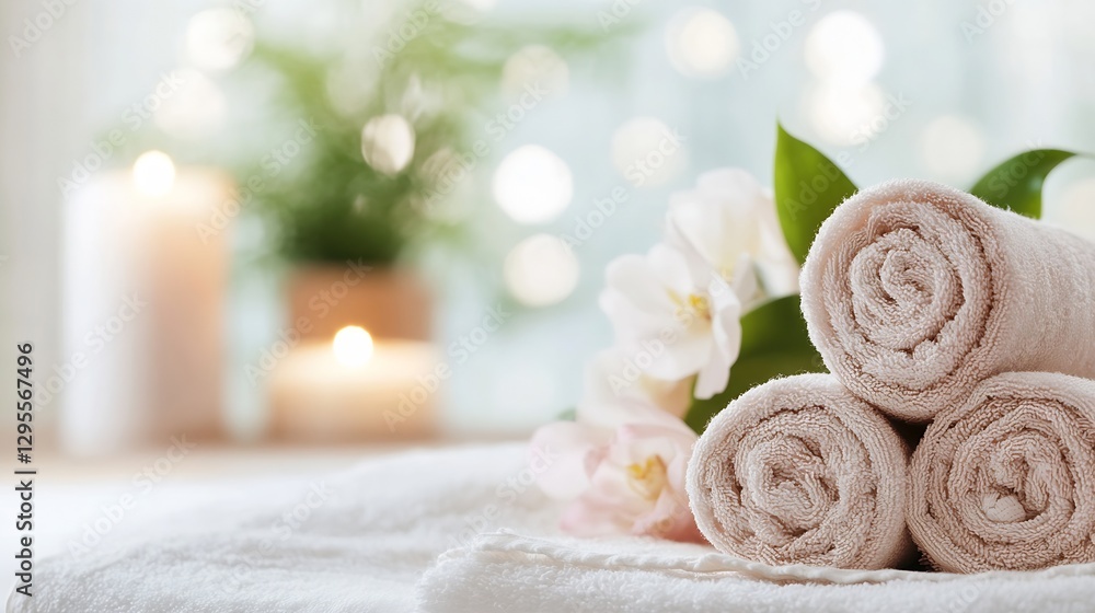 Poster elegant stacked towels with soft hues candles and flowers creating a relaxing spa ambiance in a cozy