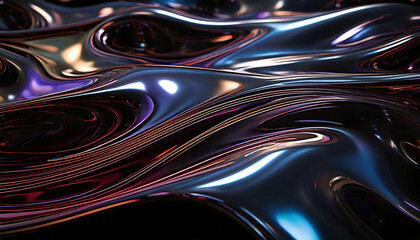 shimmering holographic surface, black fluid gradients, 3d light distortions.