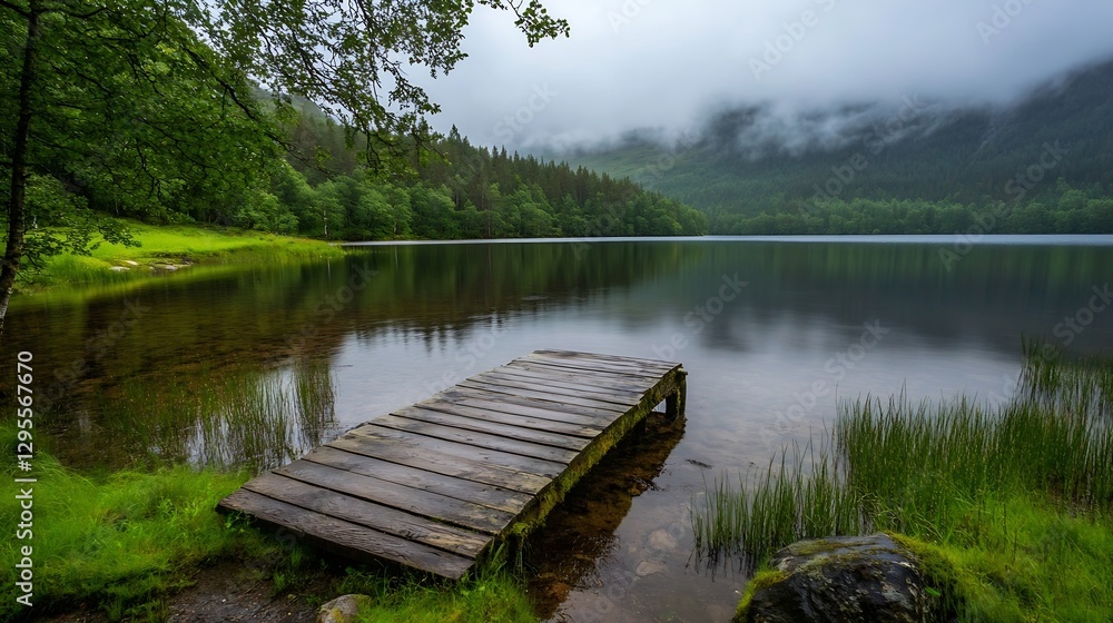 Poster serene lake surrounded by forest and misty mountains captured in tranquil landscape : generative ai