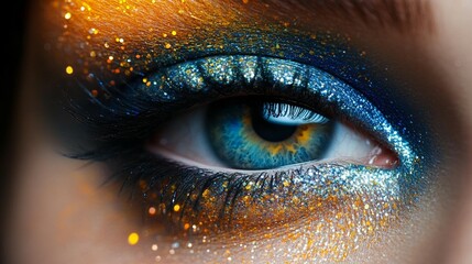 Close-up of a woman's eye with blue and gold glitter eyeshadow.