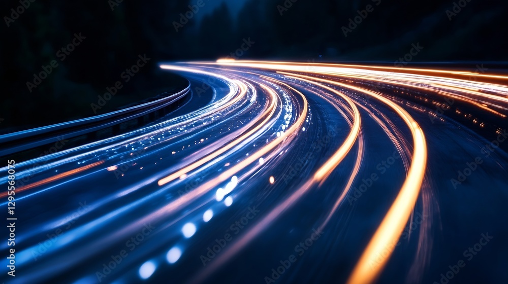 Aufkleber dynamic long exposure shot capturing light trails from vehicles on a winding road at dusk : generati