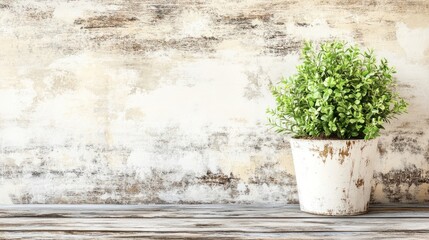 Small plant with green leaves in a distressed white pot