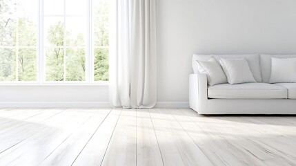 Fototapeta premium Modern minimalist interior design with bright light coming through large windows and a cozy couch : Generative AI