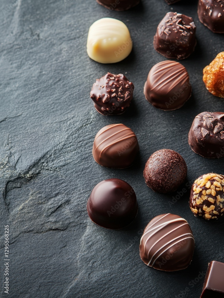 Poster assorted chocolate pralines on dark slate background showcasing variety and richness in a studio set