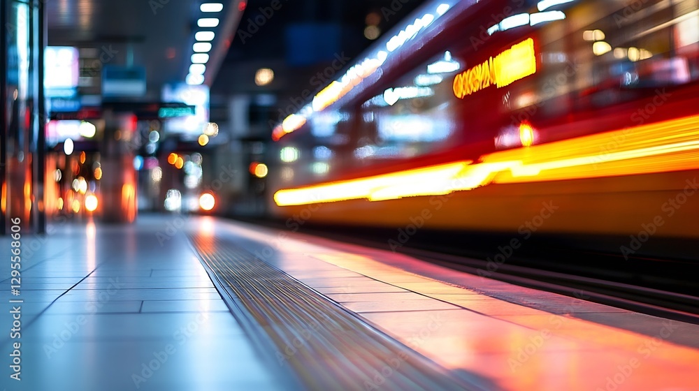 Poster dynamic motion blur of a speeding train in a modern urban railway station at night : generative ai