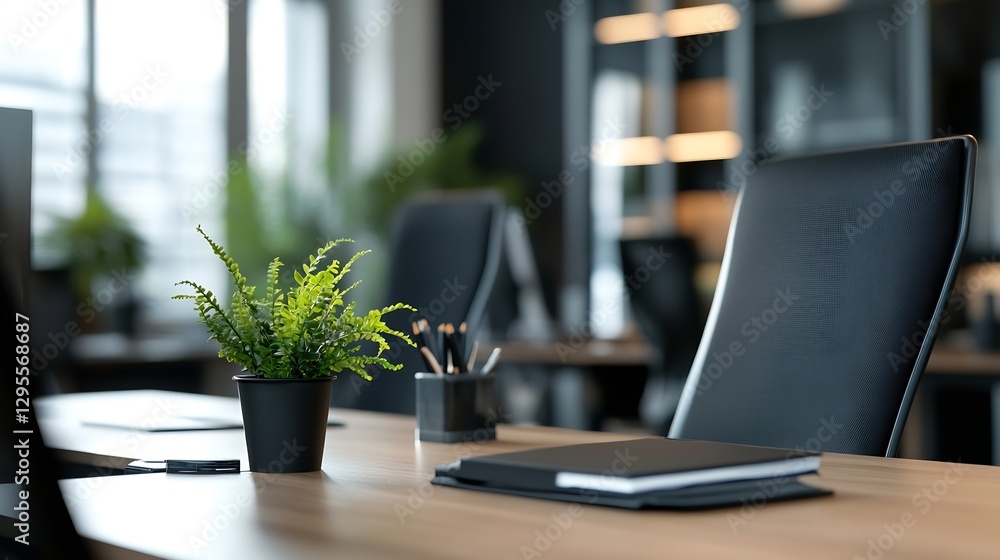 Poster minimalist office space with modern design featuring a green plant on a sleek desk for a stylish wor