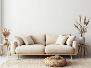 3D Render of a Beige Fabric Sofa in a Minimalist Living Room

