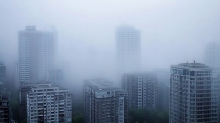 Obraz premium Foggy cityscape view with tall buildings hidden in mysterious mist : Generative AI