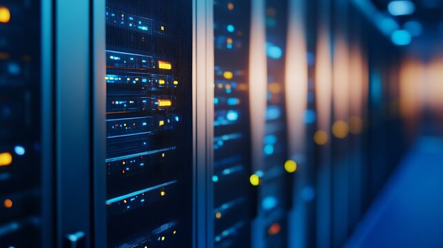 High tech server room with advanced networking equipment and colorful lights : Generative AI