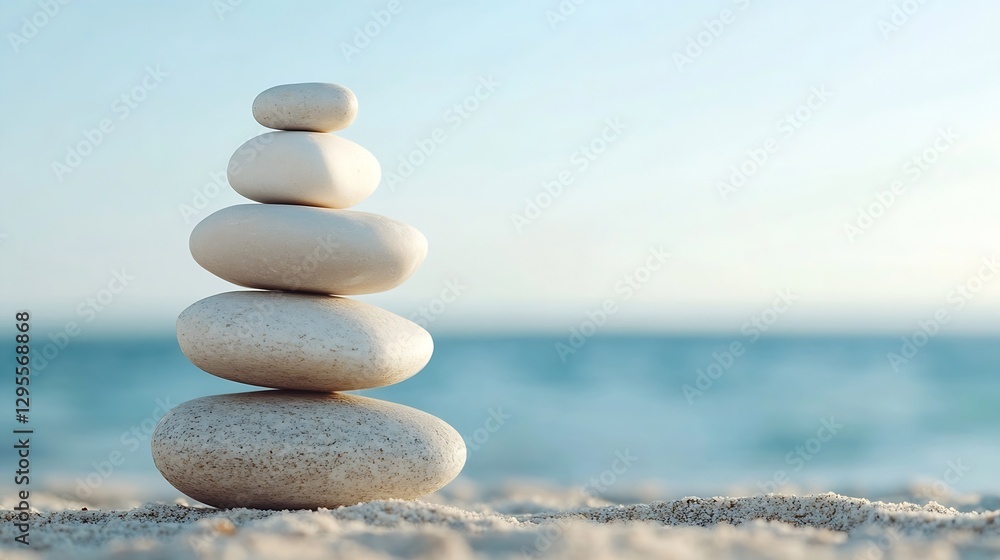 Poster calm beach scene with a stack of smooth stones symbolizing balance and tranquility by the water : ge